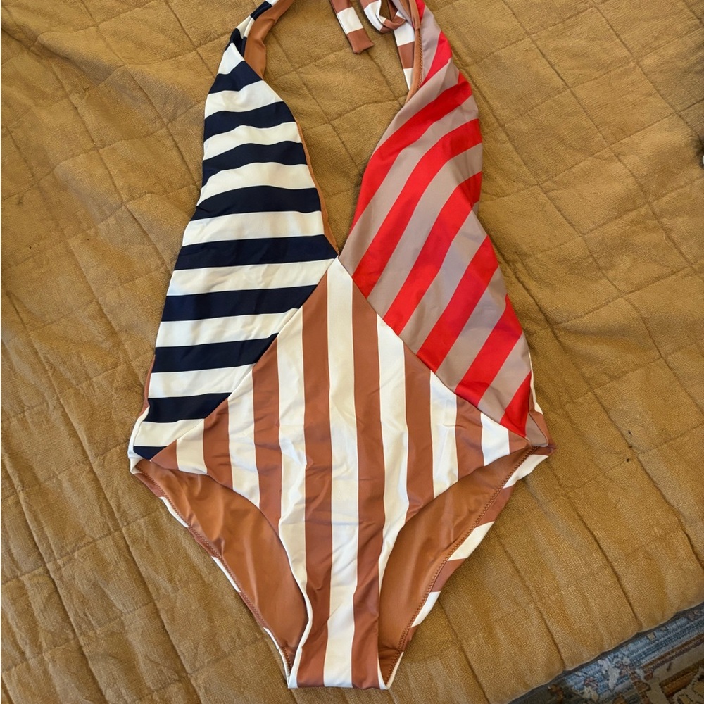 Zara Terracotta and White Striped Swimsuit